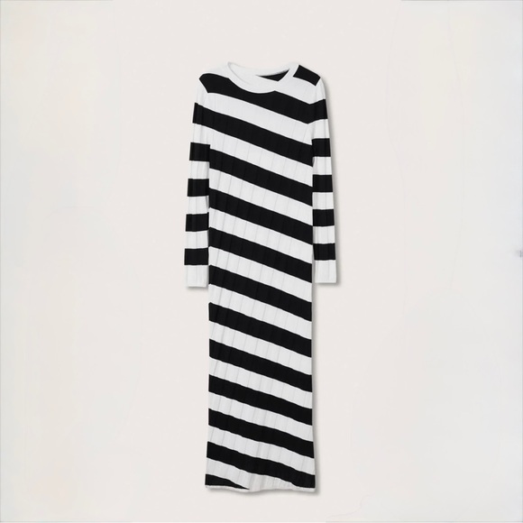 Mango Black White Striped Ribbed Maxi Dress Long Sleeve Bodycon - Picture 13 of 13